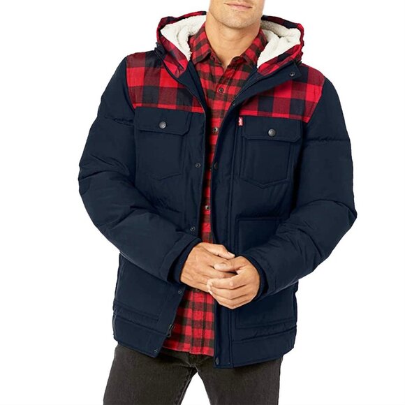 Levi's Other - Levi's Men's Jacket Heavyweight Mid-Length Hooded Military Puffer Navy Red Plaid
